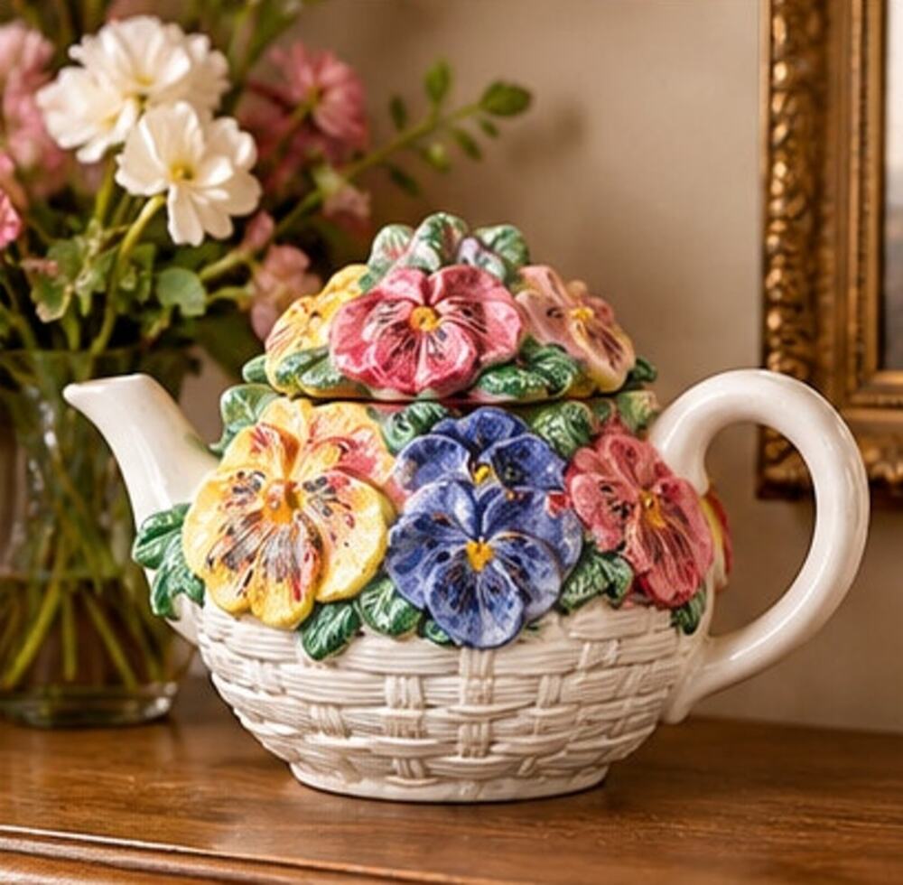 Vintage Ceramic Pansy Flower Teapot Basket Weave 3D Floral Cottagecore Lid